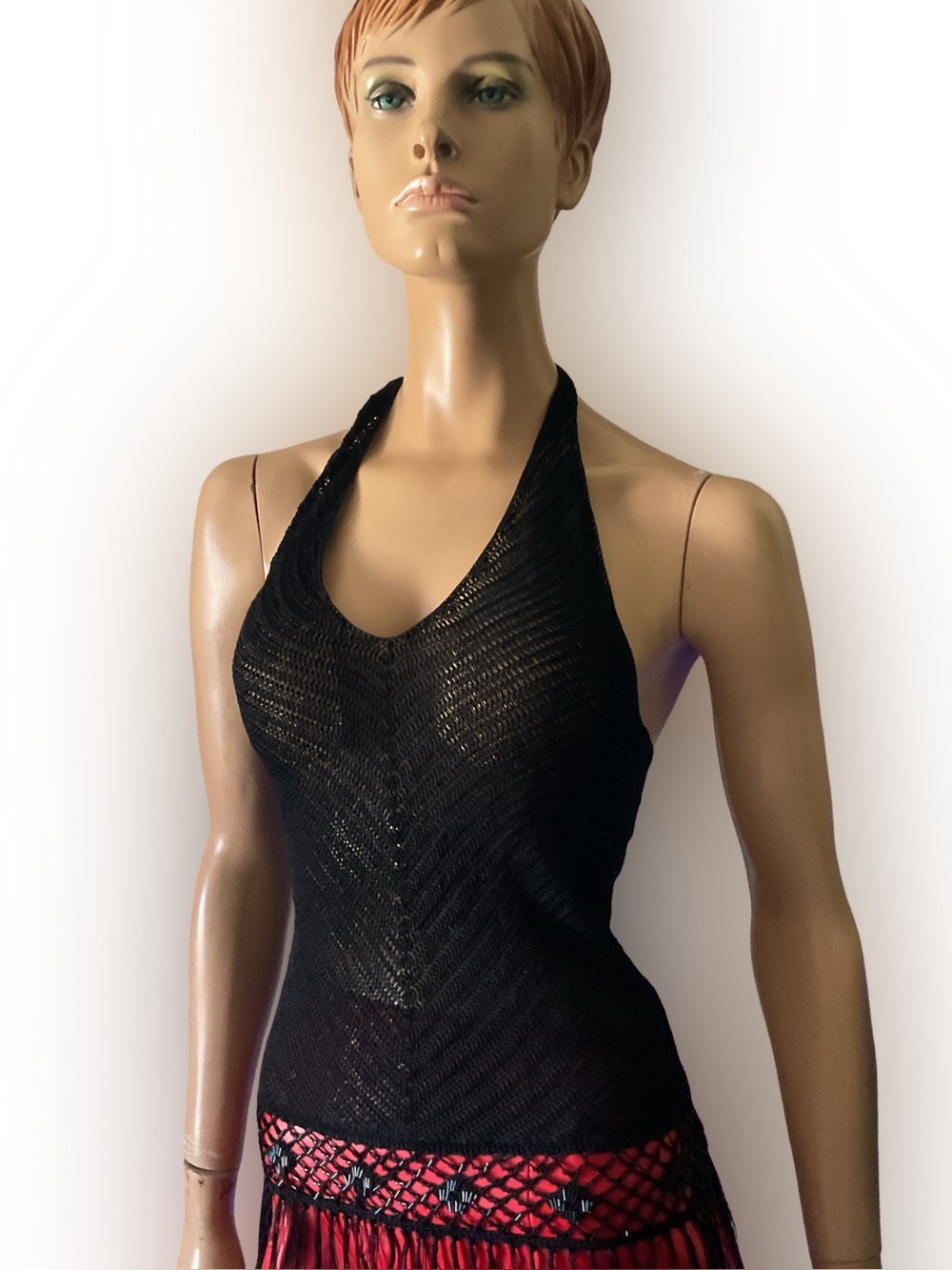 VTG Y2K MNG BLACK CROCHET HALTER BEADED FRINGE TOP - Picture 3 of 6